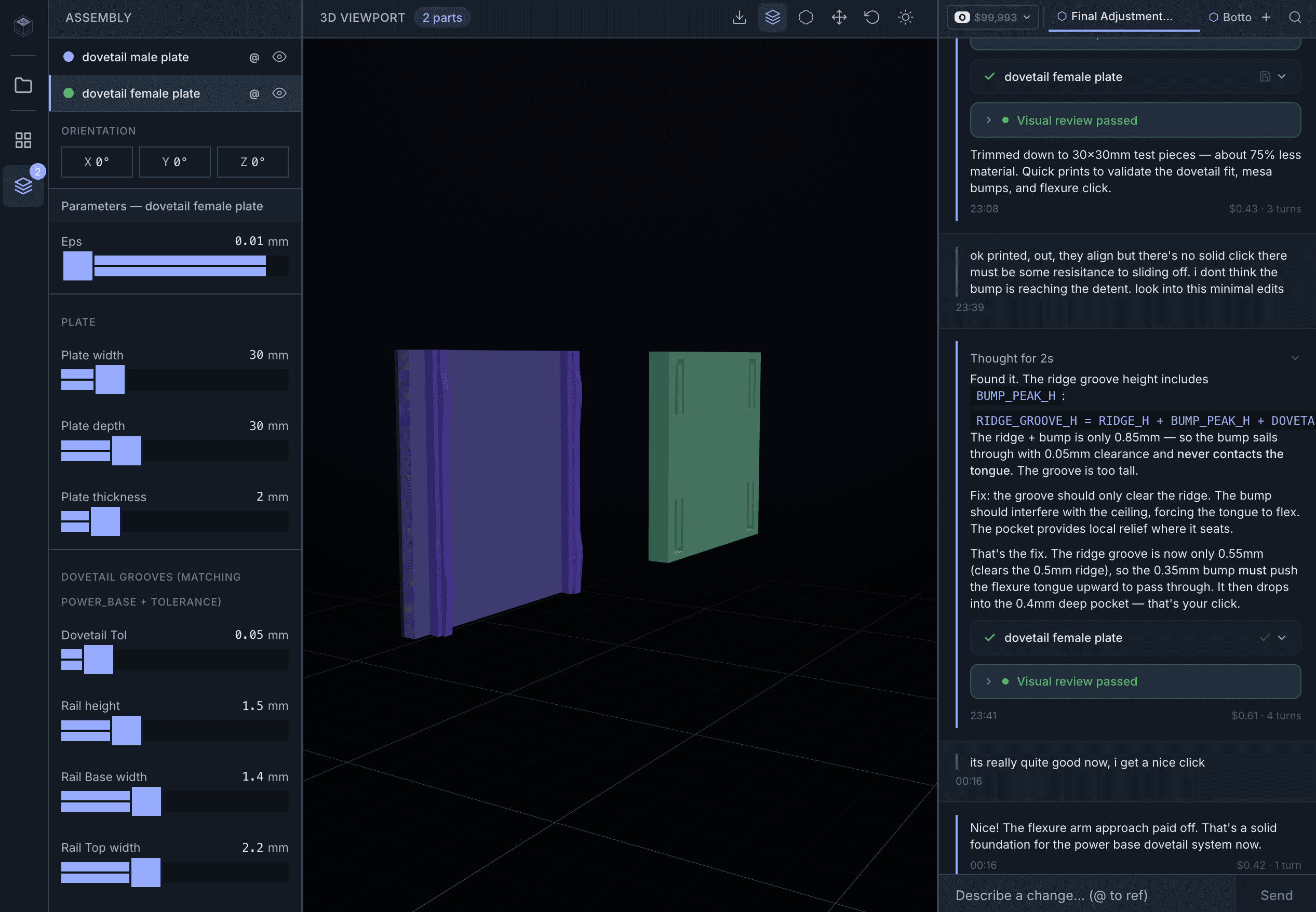 Ganda editor showing AI-generated CAD model with chat conversation and 3D viewport